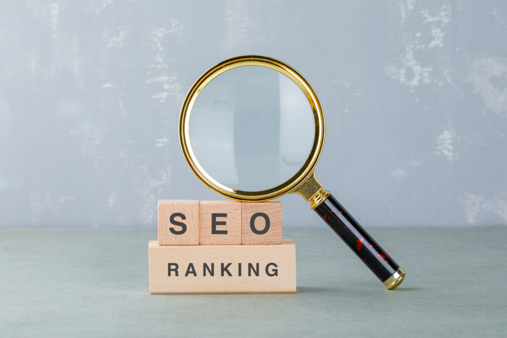 Conceptual of seo analysis and business. with wooden blocks with words on it,